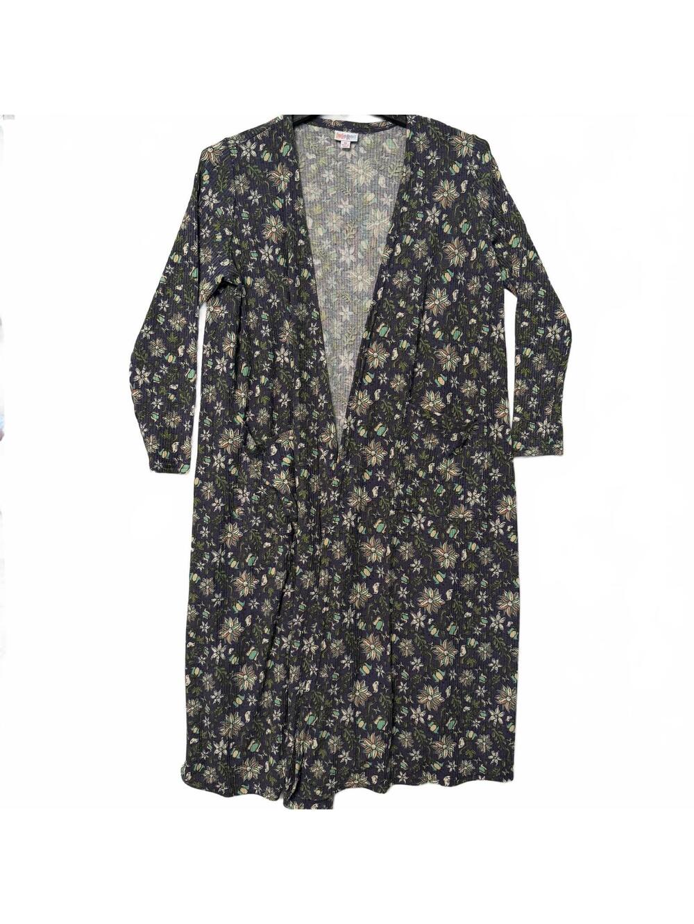 LuLaRoe Sarah Cardigan Duster Women's MEDIUM Purple Floral Green Orange Pocket